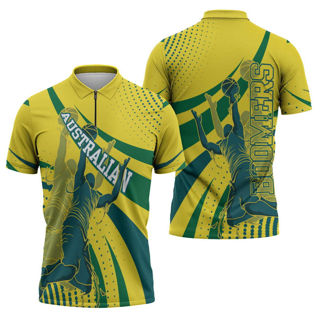 Australian Boomers Basketball Zipper Polo Shirt Abstract Wave Halftone Pattern With Dynamic Athlete Silhouette