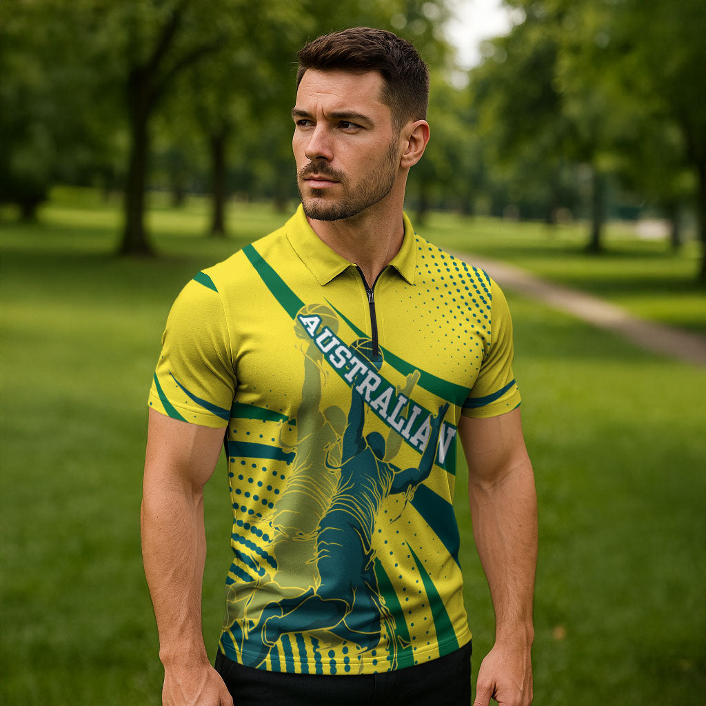 Australian Boomers Basketball Zipper Polo Shirt Abstract Wave Halftone Pattern With Dynamic Athlete Silhouette