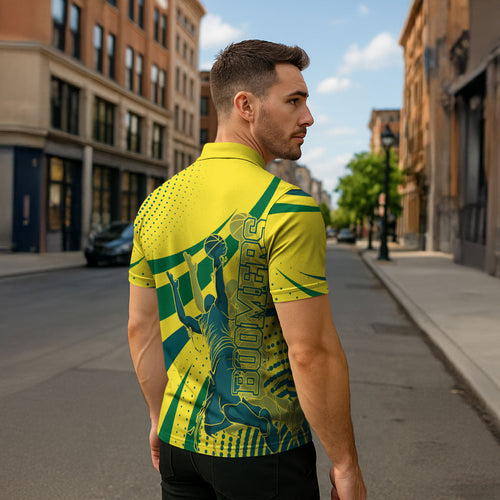 Australian Boomers Basketball Zipper Polo Shirt Abstract Wave Halftone Pattern With Dynamic Athlete Silhouette