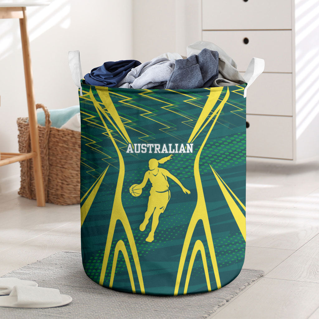 Australian Opals Basketball Laundry Basket Iconic Green And Gold Silhouette With Sharp Abstract Graphics