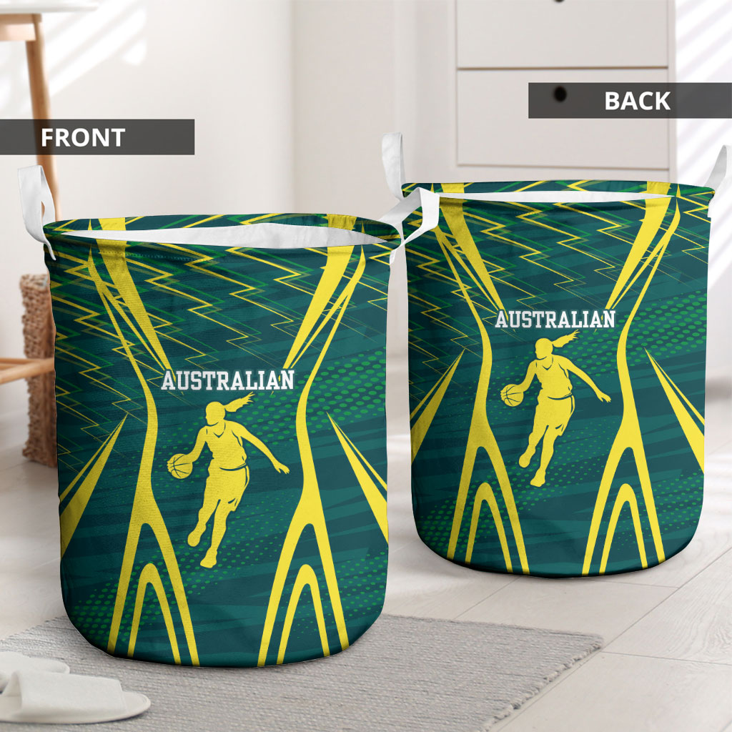 Australian Opals Basketball Laundry Basket Iconic Green And Gold Silhouette With Sharp Abstract Graphics
