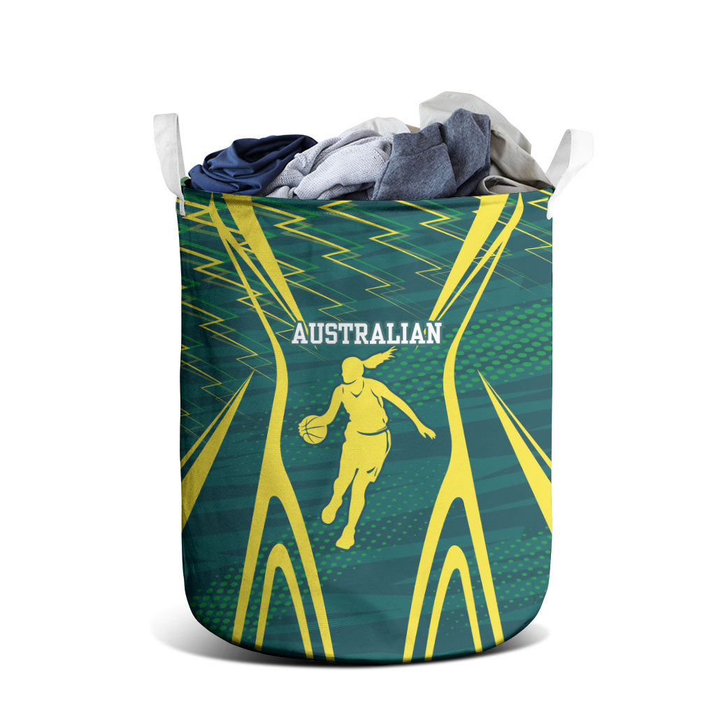 Australian Opals Basketball Laundry Basket Iconic Green And Gold Silhouette With Sharp Abstract Graphics