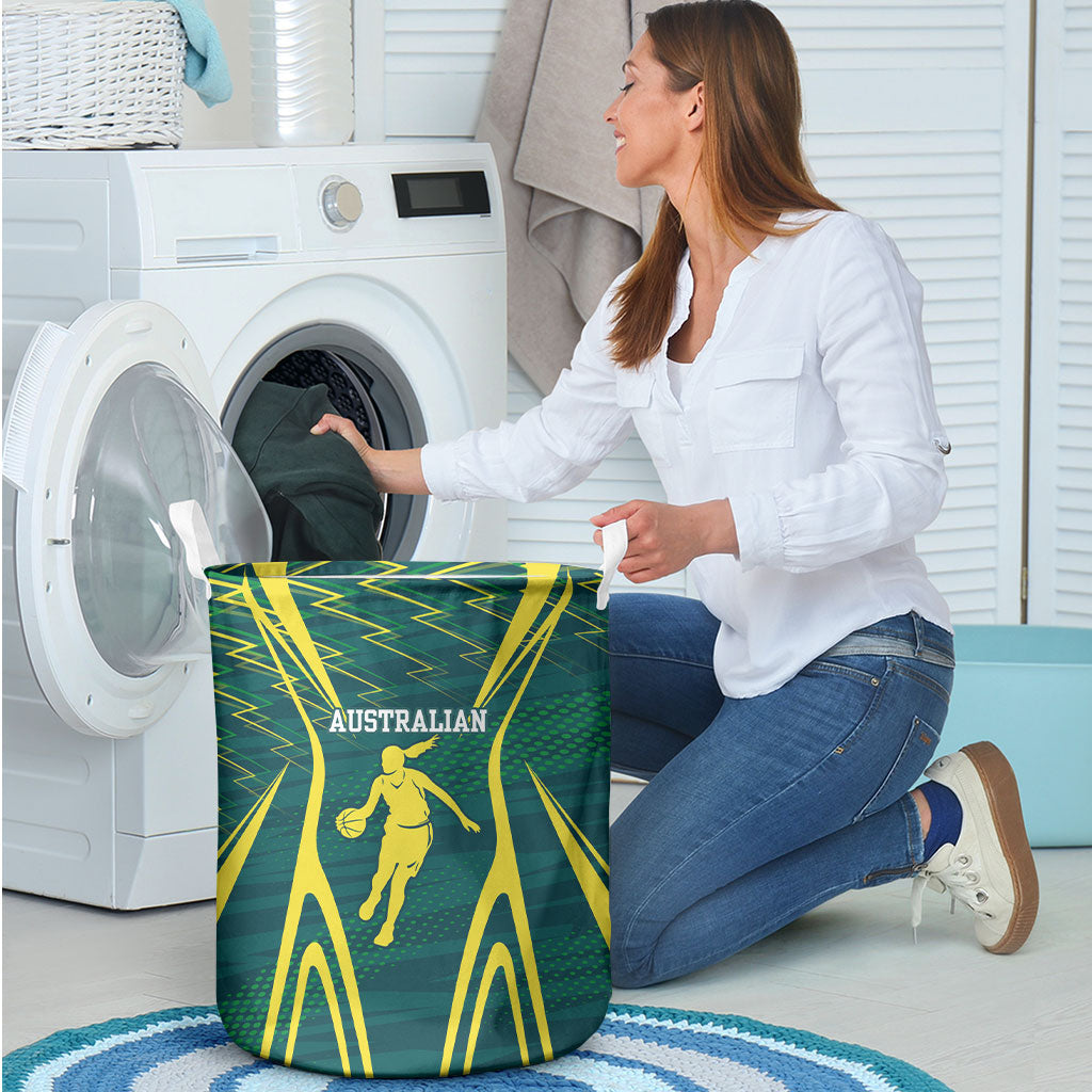 Australian Opals Basketball Laundry Basket Iconic Green And Gold Silhouette With Sharp Abstract Graphics
