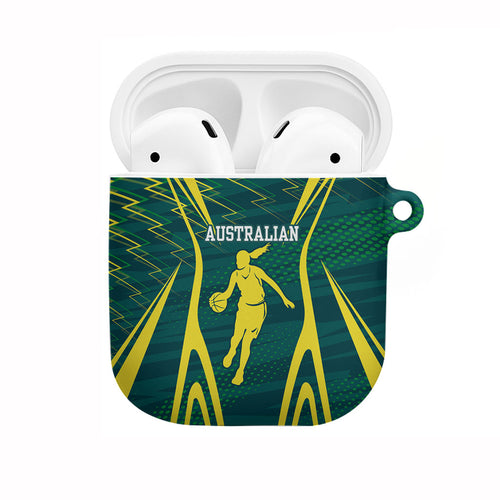 Australian Opals Basketball AirPods Case Iconic Green And Gold Silhouette With Sharp Abstract Graphics
