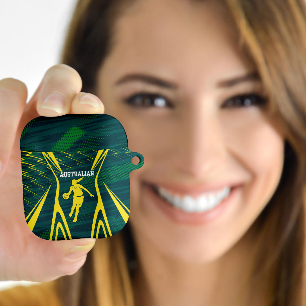 Australian Opals Basketball AirPods Case Iconic Green And Gold Silhouette With Sharp Abstract Graphics