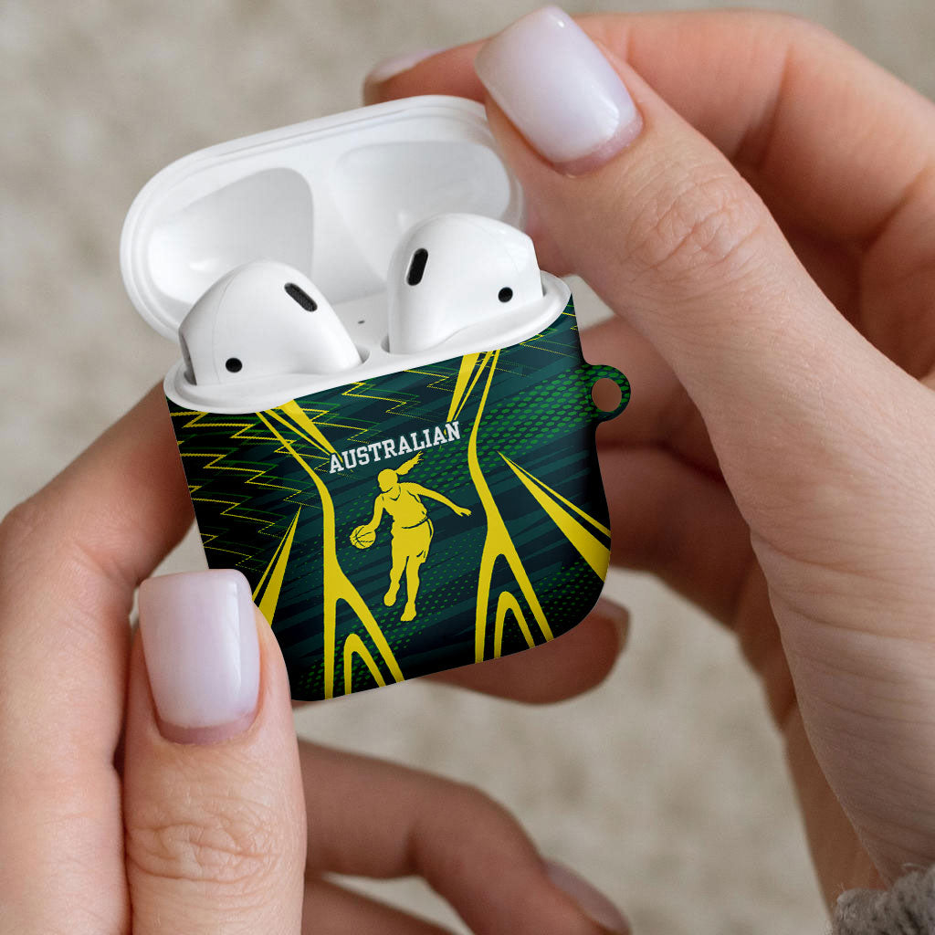 Australian Opals Basketball AirPods Case Iconic Green And Gold Silhouette With Sharp Abstract Graphics
