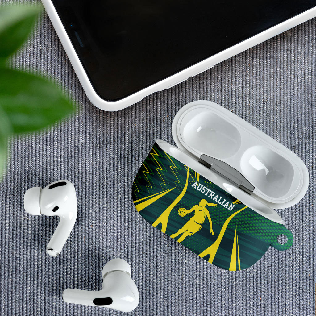 Australian Opals Basketball AirPods Case Iconic Green And Gold Silhouette With Sharp Abstract Graphics