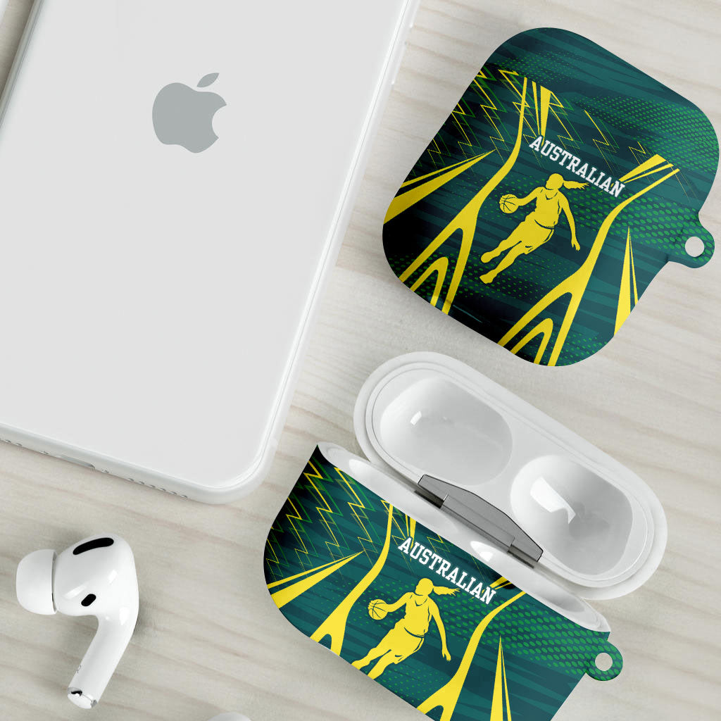 Australian Opals Basketball AirPods Case Iconic Green And Gold Silhouette With Sharp Abstract Graphics