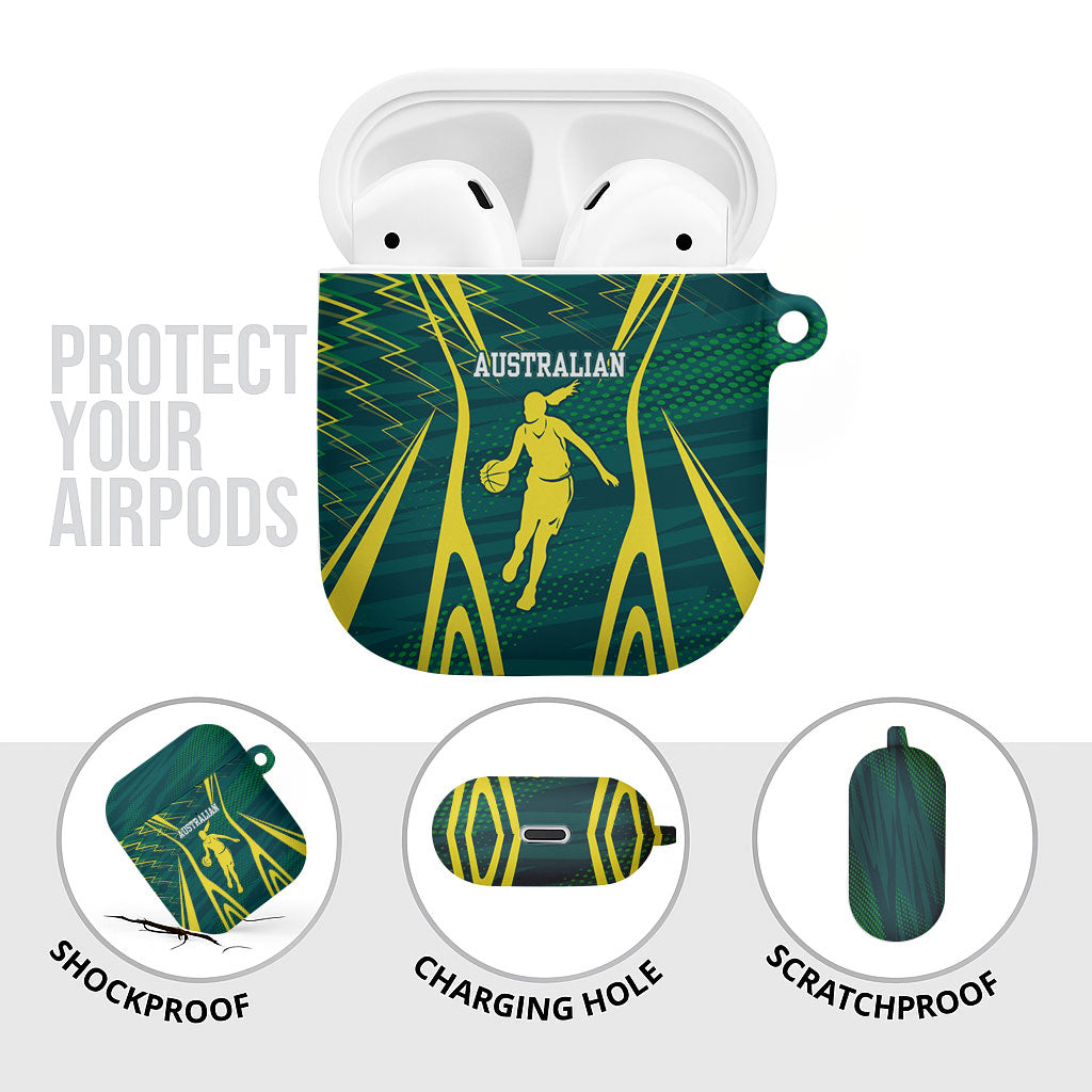 Australian Opals Basketball AirPods Case Iconic Green And Gold Silhouette With Sharp Abstract Graphics