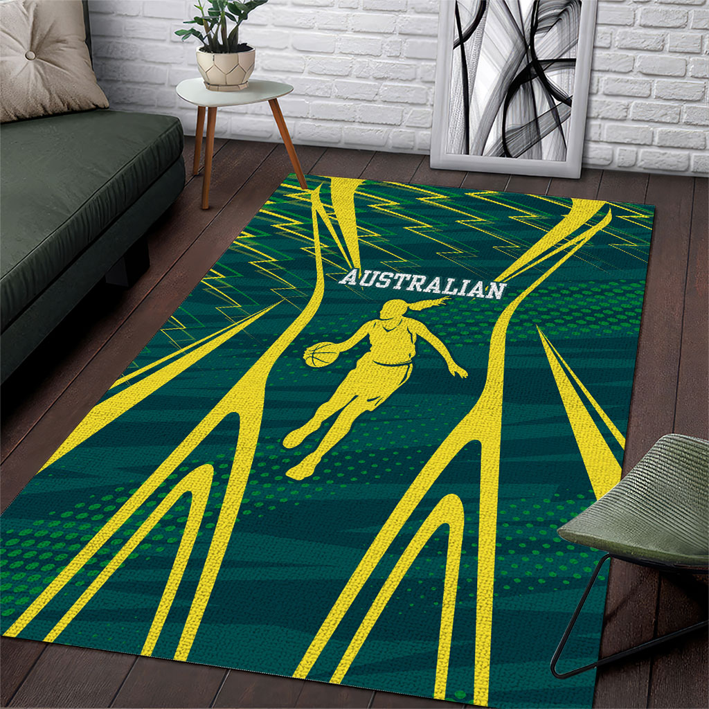 Australian Opals Basketball Area Rug Iconic Green And Gold Silhouette With Sharp Abstract Graphics