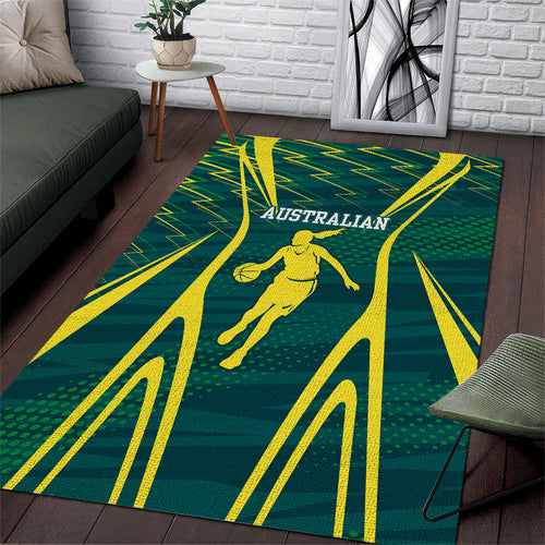 Australian Opals Basketball Area Rug Iconic Green And Gold Silhouette With Sharp Abstract Graphics