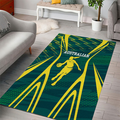 Australian Opals Basketball Area Rug Iconic Green And Gold Silhouette With Sharp Abstract Graphics