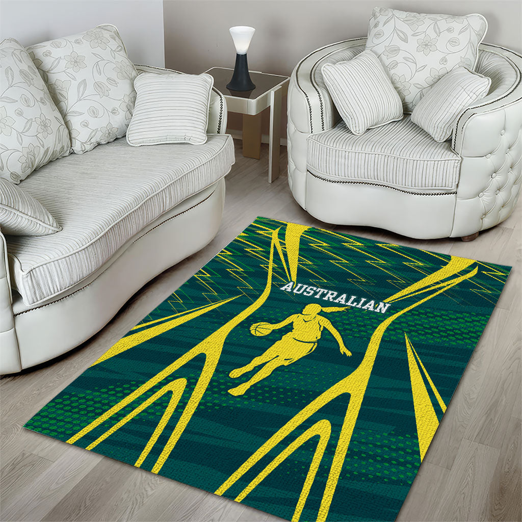 Australian Opals Basketball Area Rug Iconic Green And Gold Silhouette With Sharp Abstract Graphics