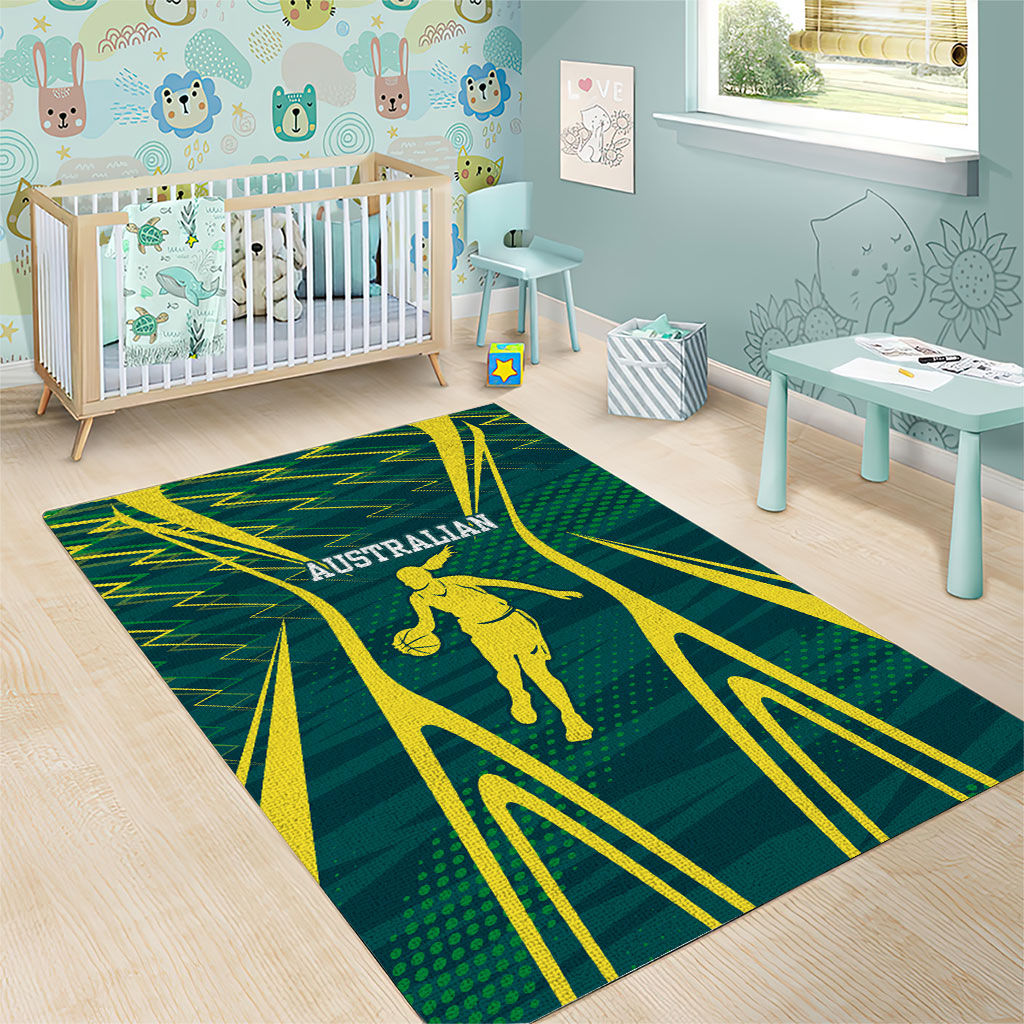 Australian Opals Basketball Area Rug Iconic Green And Gold Silhouette With Sharp Abstract Graphics