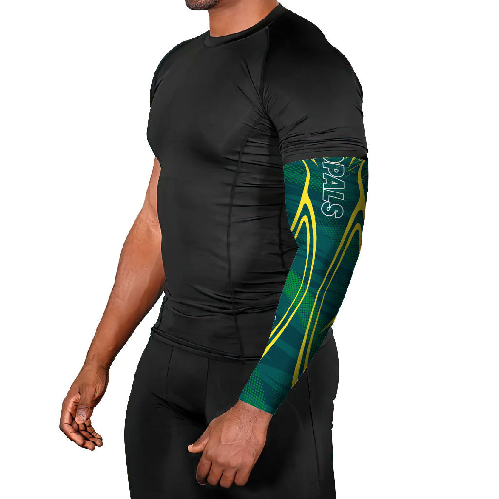 Australian Opals Basketball Arm Sleeves Iconic Green And Gold Silhouette With Sharp Abstract Graphics