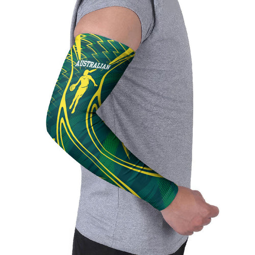 Australian Opals Basketball Arm Sleeves Iconic Green And Gold Silhouette With Sharp Abstract Graphics