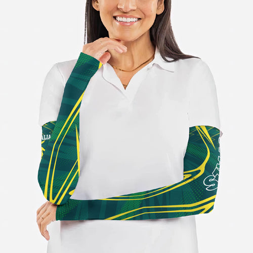 Australian Opals Basketball Arm Sleeves Iconic Green And Gold Silhouette With Sharp Abstract Graphics