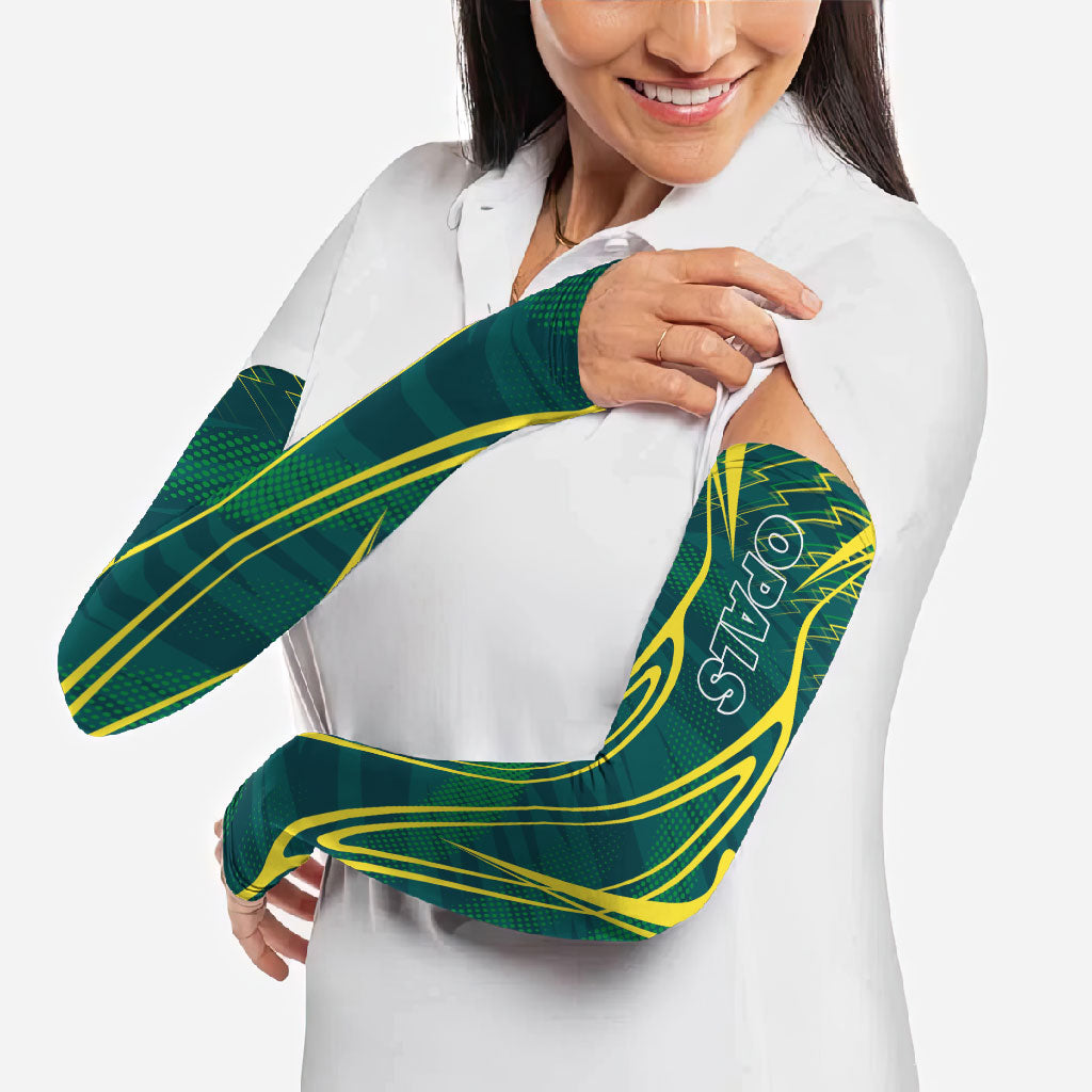 Australian Opals Basketball Arm Sleeves Iconic Green And Gold Silhouette With Sharp Abstract Graphics