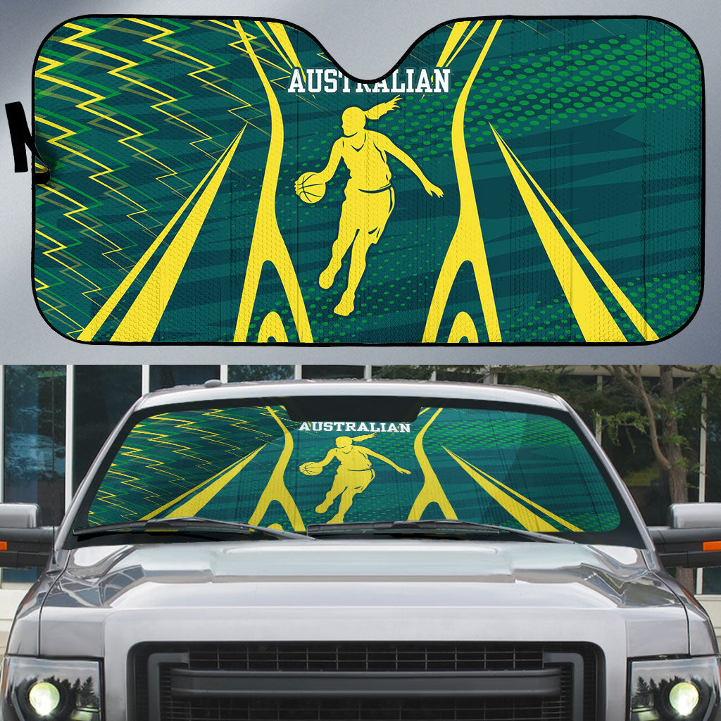 Australian Opals Basketball Auto Sun Shade Iconic Green And Gold Silhouette With Sharp Abstract Graphics