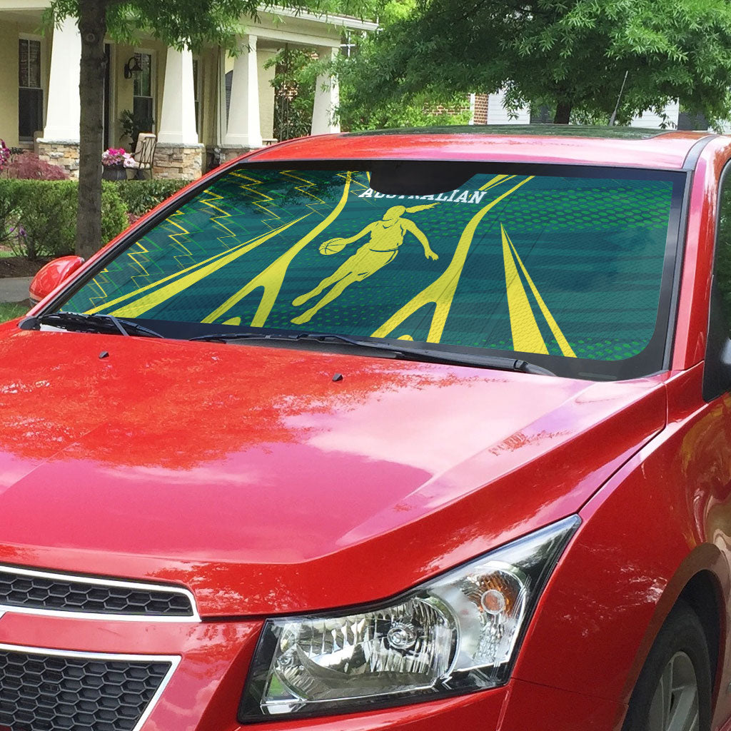 Australian Opals Basketball Auto Sun Shade Iconic Green And Gold Silhouette With Sharp Abstract Graphics