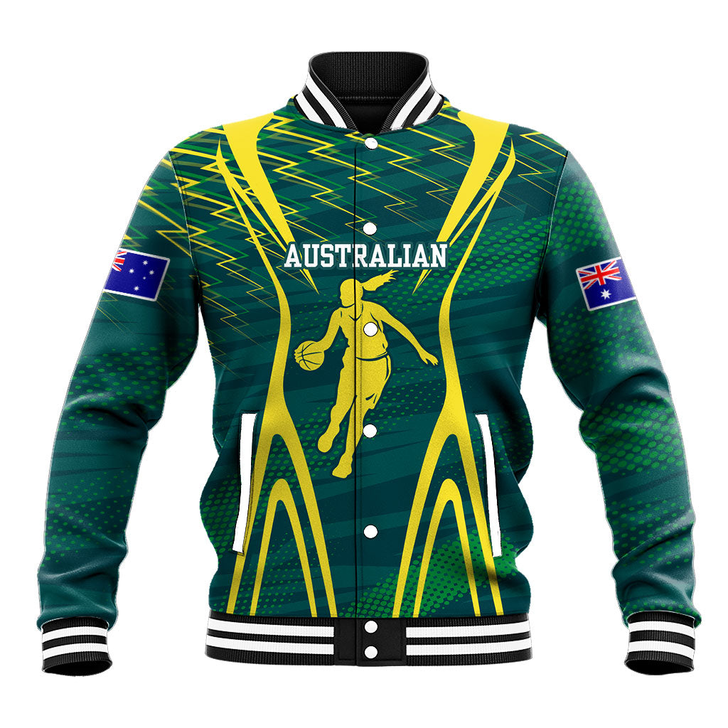 Australian Opals Basketball Baseball Jacket Iconic Green And Gold Silhouette With Sharp Abstract Graphics