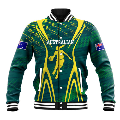 Australian Opals Basketball Baseball Jacket Iconic Green And Gold Silhouette With Sharp Abstract Graphics