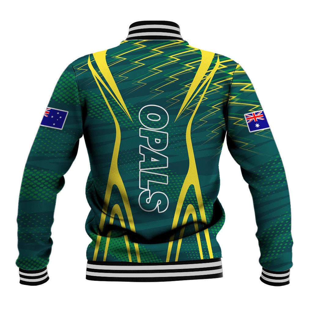 Australian Opals Basketball Baseball Jacket Iconic Green And Gold Silhouette With Sharp Abstract Graphics