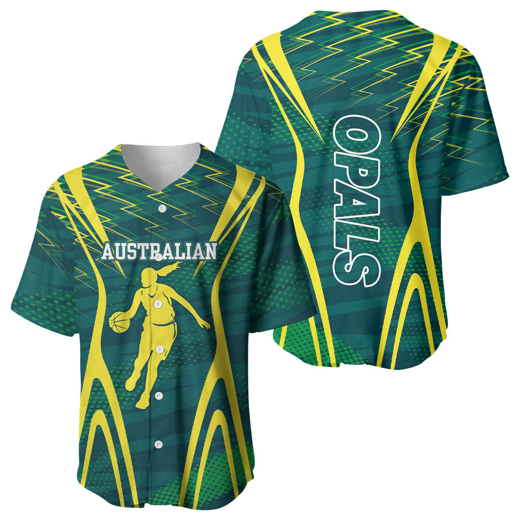 Australian Opals Basketball Baseball Jersey Iconic Green And Gold Silhouette With Sharp Abstract Graphics