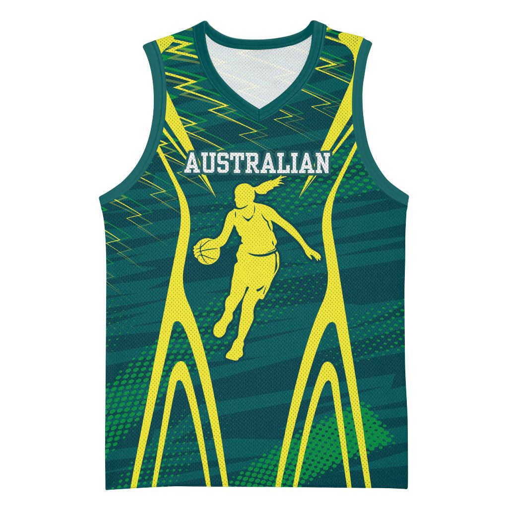 Australian Opals Basketball Basketball Jersey Iconic Green And Gold Silhouette With Sharp Abstract Graphics