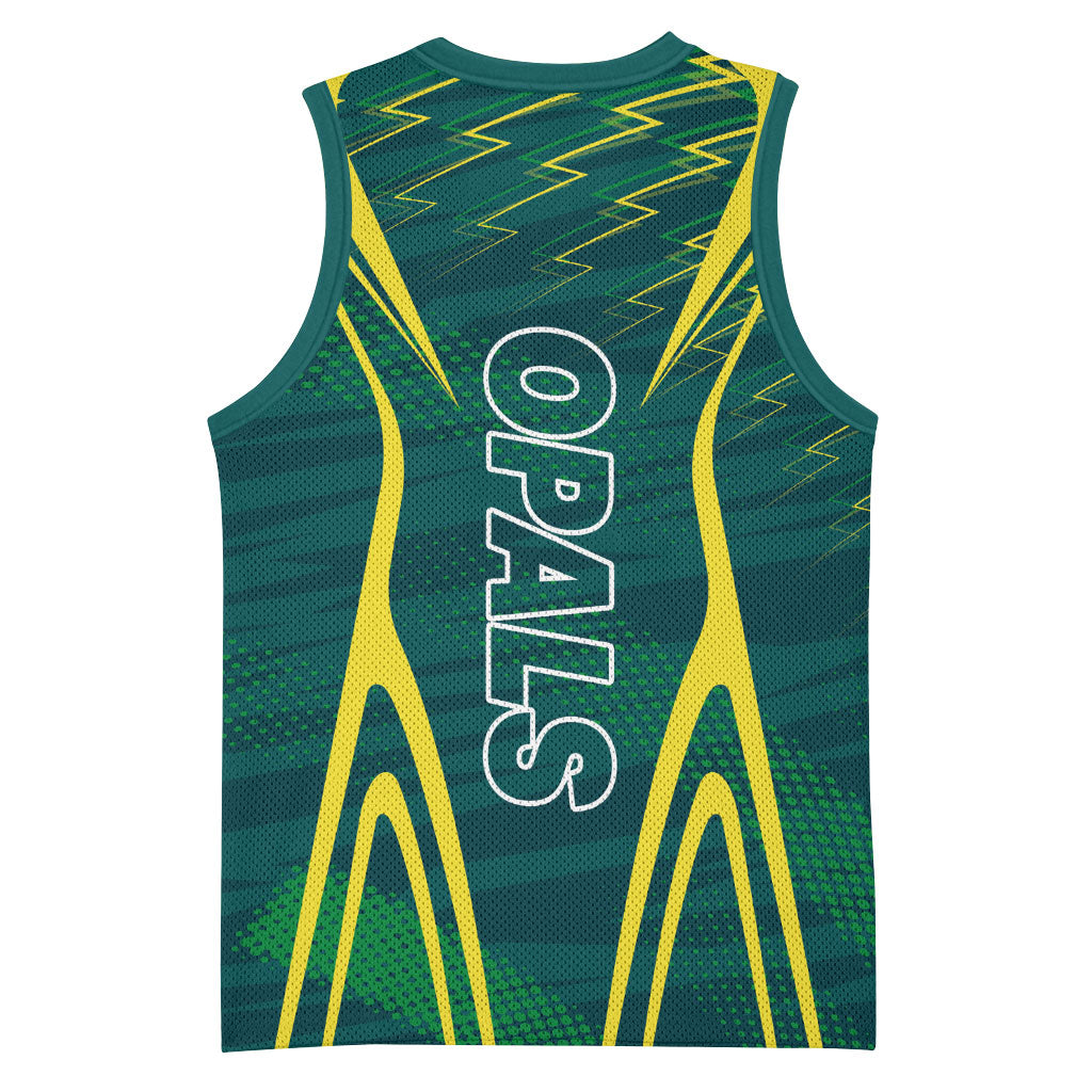 Australian Opals Basketball Basketball Jersey Iconic Green And Gold Silhouette With Sharp Abstract Graphics