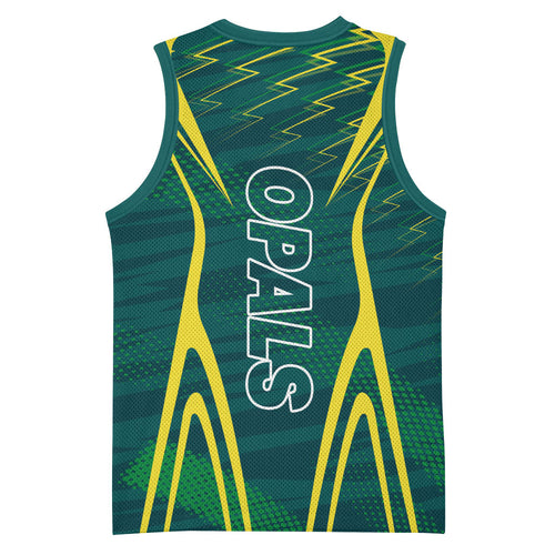 Australian Opals Basketball Basketball Jersey Iconic Green And Gold Silhouette With Sharp Abstract Graphics