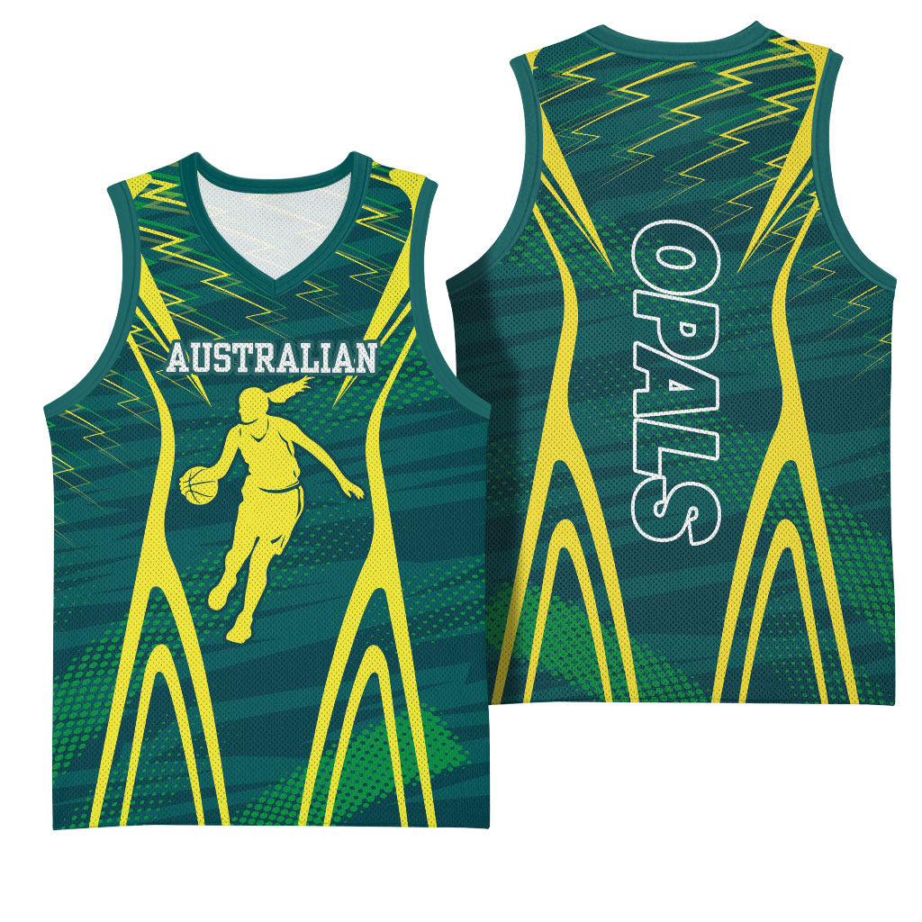 Australian Opals Basketball Basketball Jersey Iconic Green And Gold Silhouette With Sharp Abstract Graphics