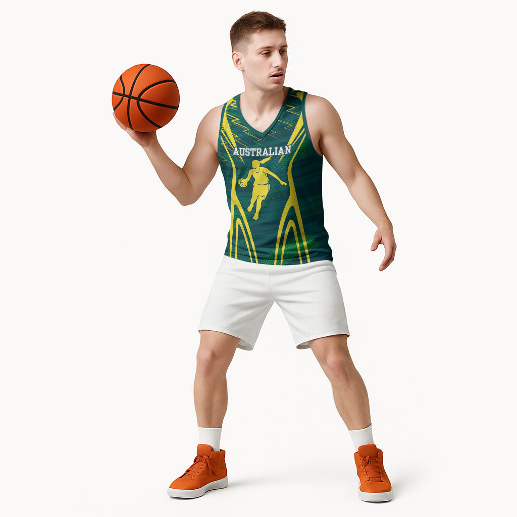 Australian Opals Basketball Basketball Jersey Iconic Green And Gold Silhouette With Sharp Abstract Graphics