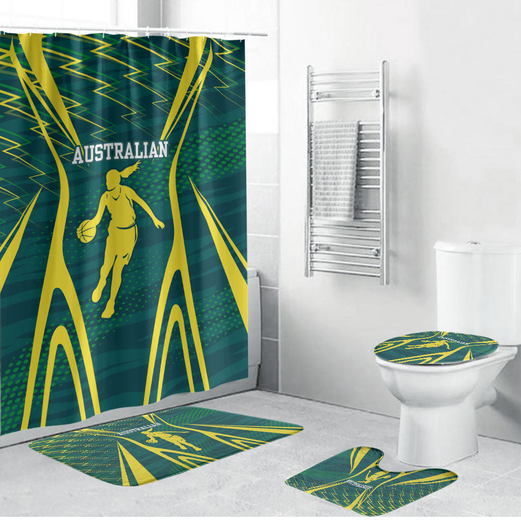Australian Opals Basketball Bathroom Set Iconic Green And Gold Silhouette With Sharp Abstract Graphics