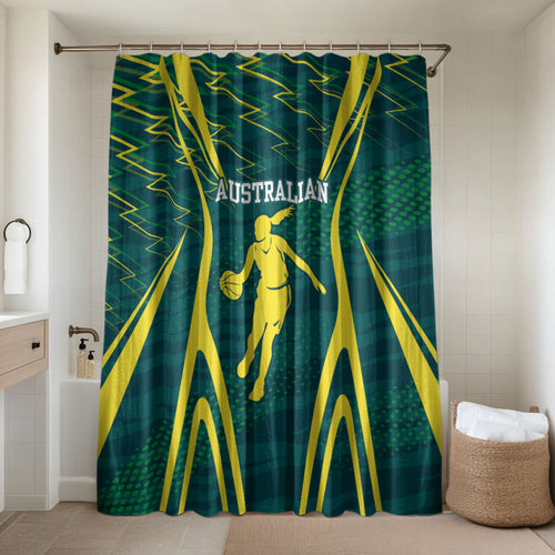 Australian Opals Basketball Bathroom Set Iconic Green And Gold Silhouette With Sharp Abstract Graphics