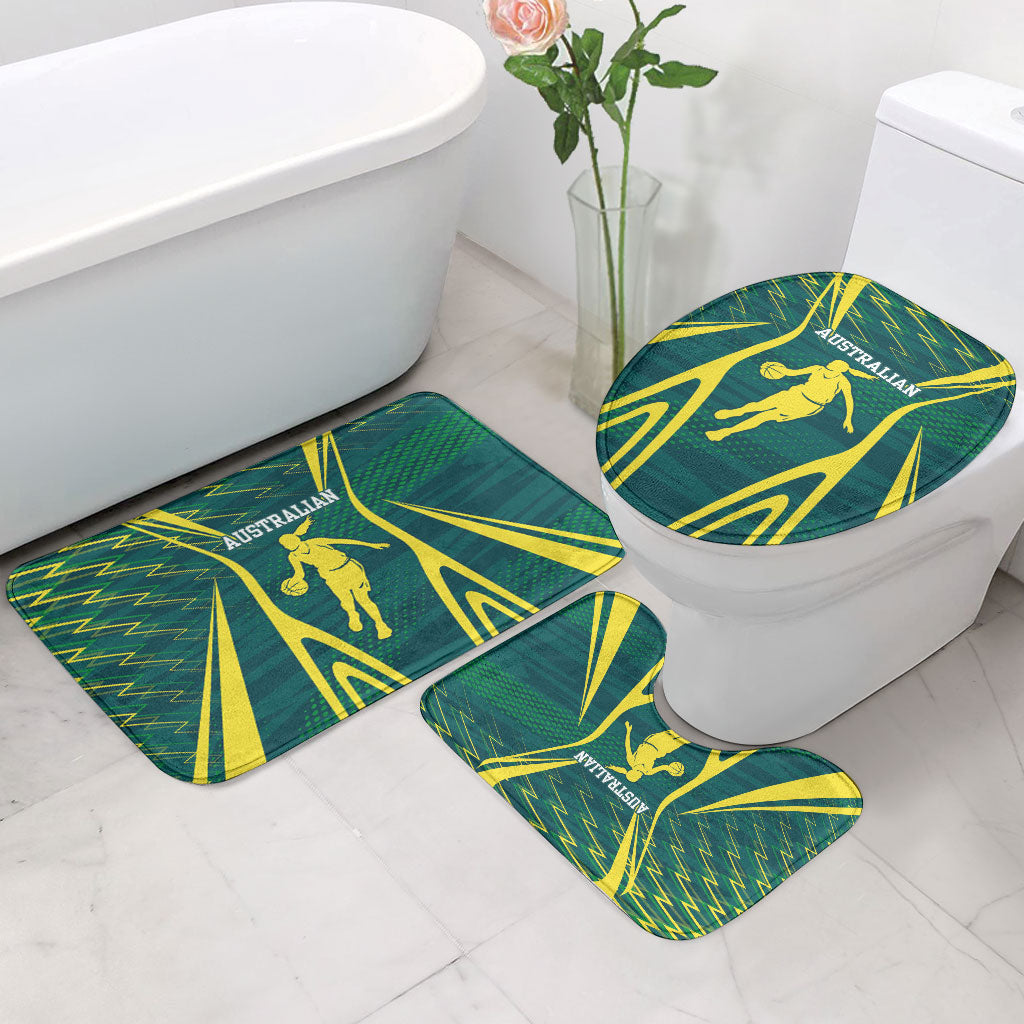 Australian Opals Basketball Bathroom Set Iconic Green And Gold Silhouette With Sharp Abstract Graphics
