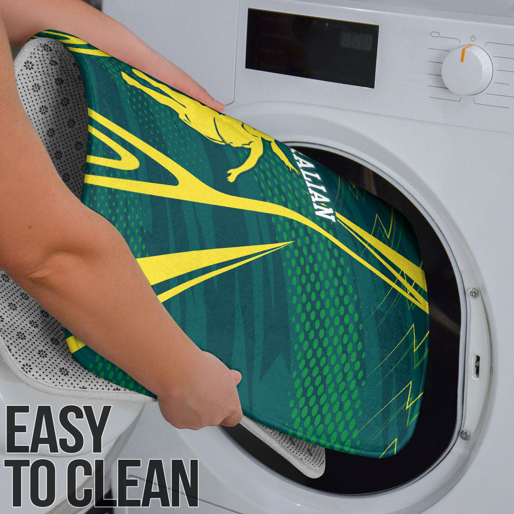 Australian Opals Basketball Bathroom Set Iconic Green And Gold Silhouette With Sharp Abstract Graphics
