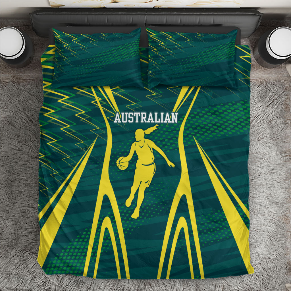 Australian Opals Basketball Bedding Set Iconic Green And Gold Silhouette With Sharp Abstract Graphics