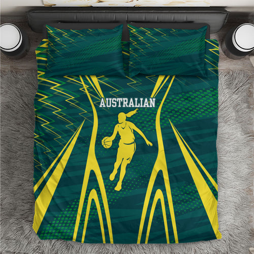Australian Opals Basketball Bedding Set Iconic Green And Gold Silhouette With Sharp Abstract Graphics