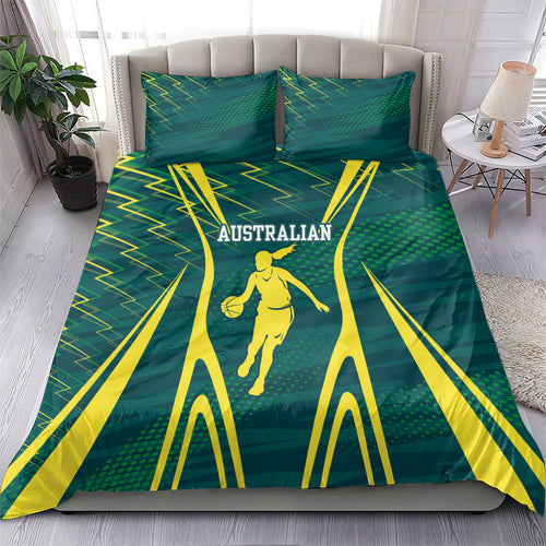 Australian Opals Basketball Bedding Set Iconic Green And Gold Silhouette With Sharp Abstract Graphics