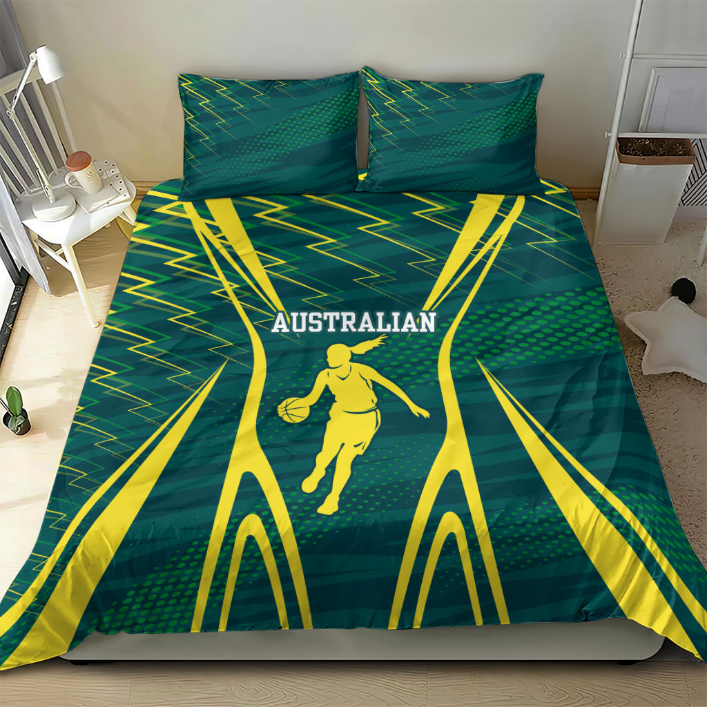 Australian Opals Basketball Bedding Set Iconic Green And Gold Silhouette With Sharp Abstract Graphics