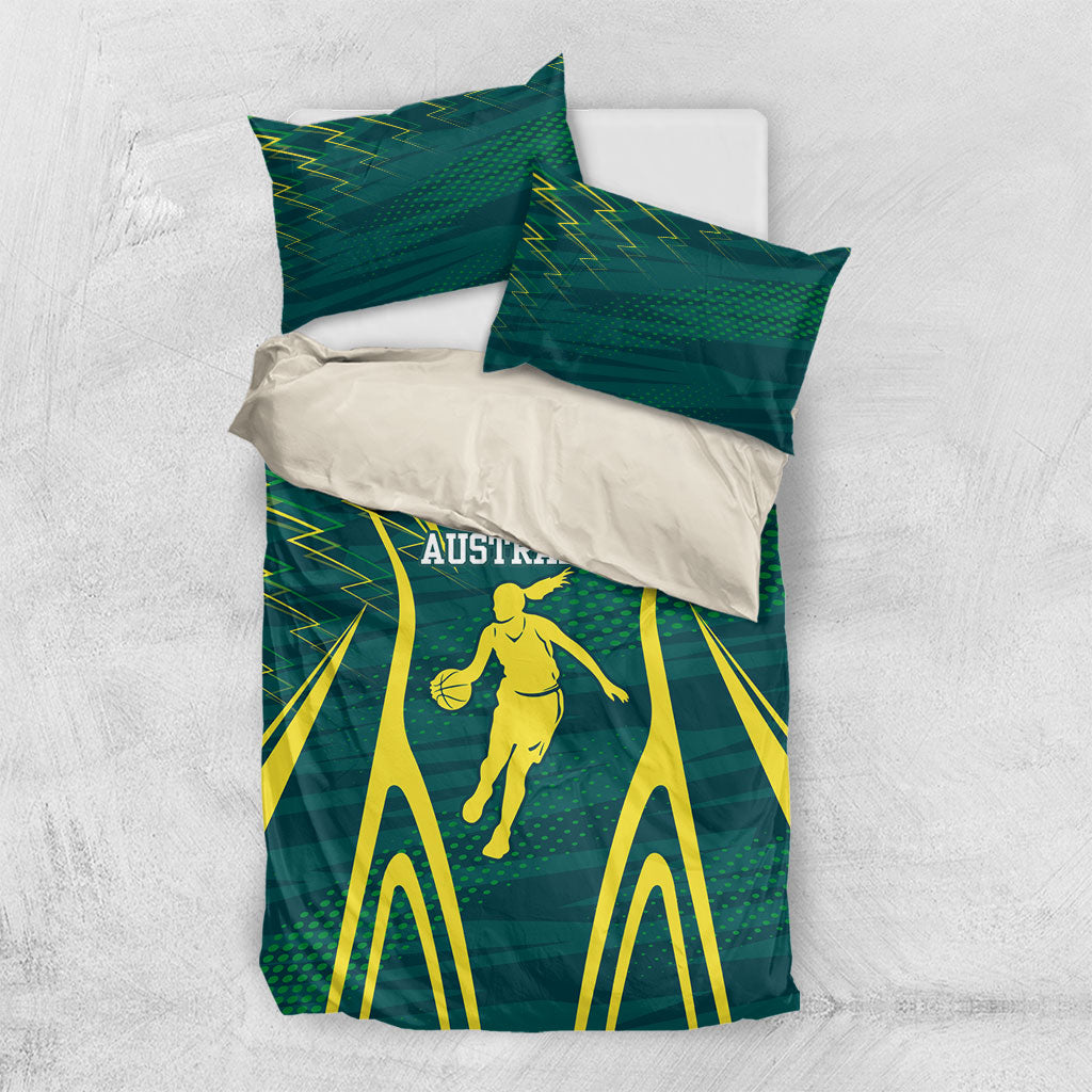 Australian Opals Basketball Bedding Set Iconic Green And Gold Silhouette With Sharp Abstract Graphics