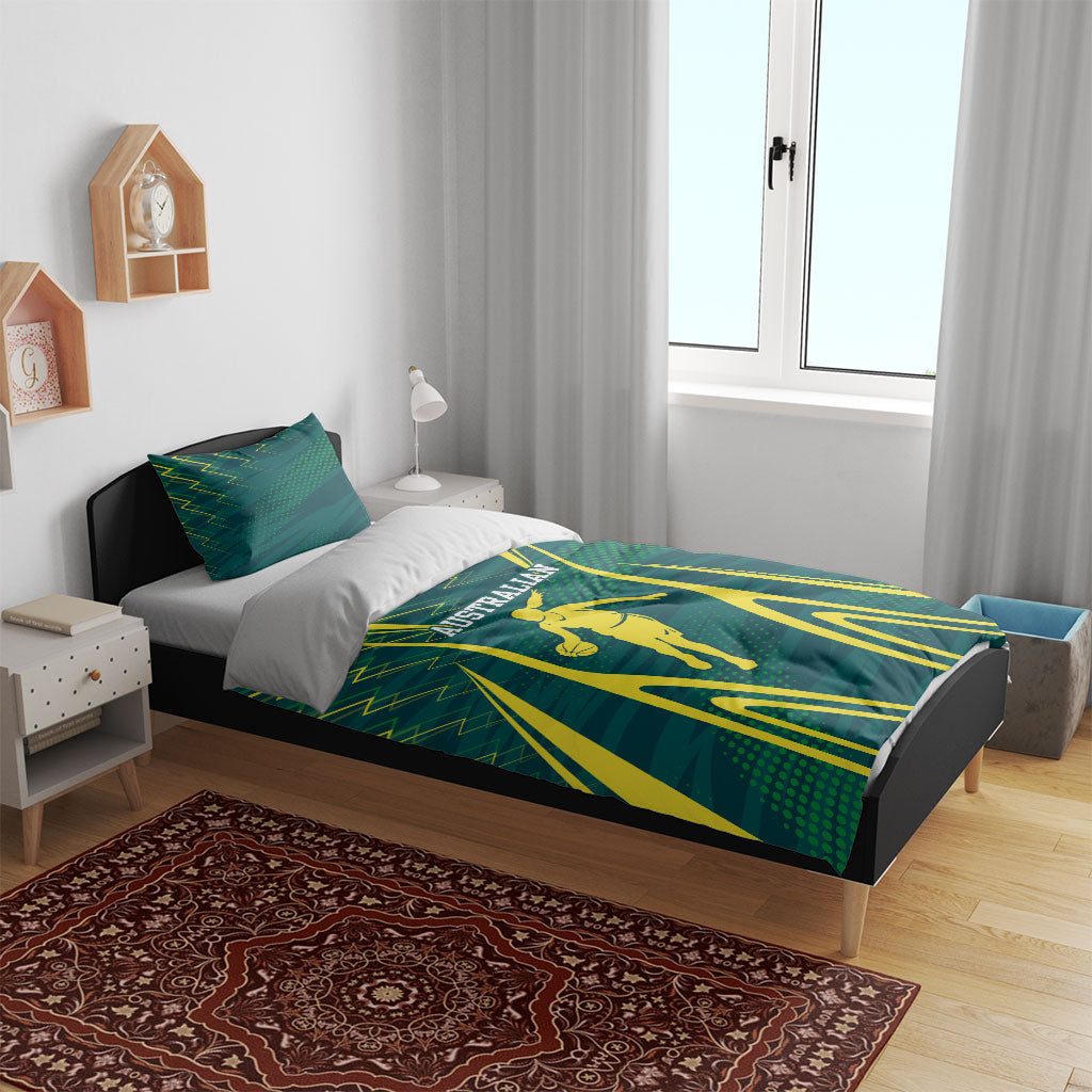 Australian Opals Basketball Bedding Set Iconic Green And Gold Silhouette With Sharp Abstract Graphics
