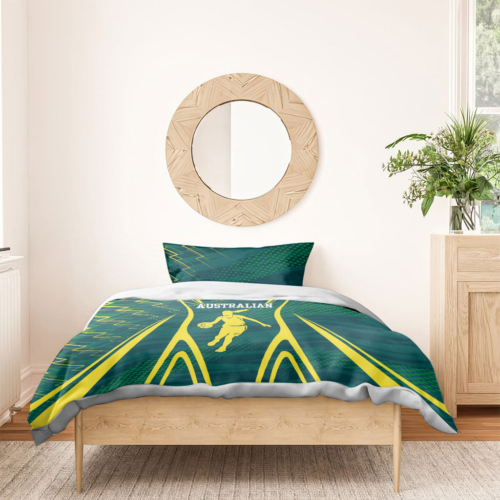 Australian Opals Basketball Bedding Set Iconic Green And Gold Silhouette With Sharp Abstract Graphics
