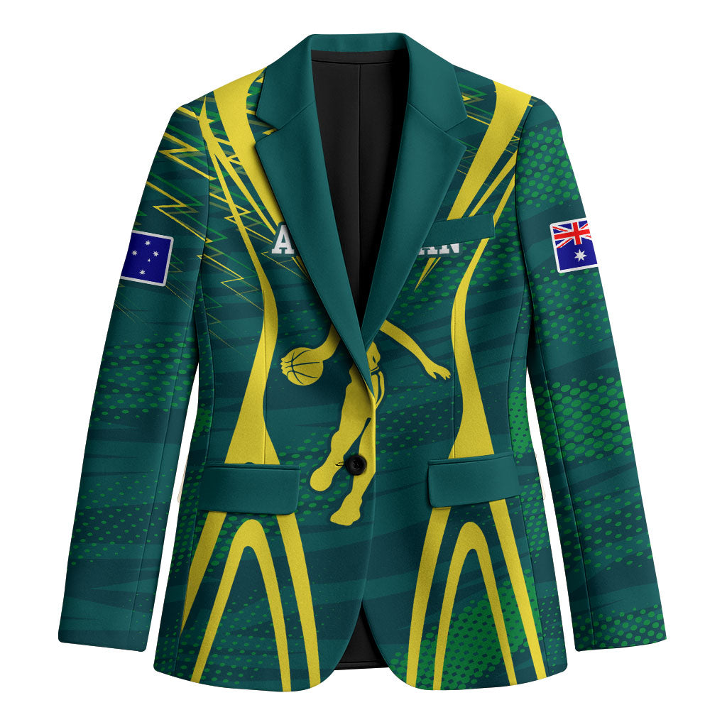 Australian Opals Basketball Blazer Iconic Green And Gold Silhouette With Sharp Abstract Graphics