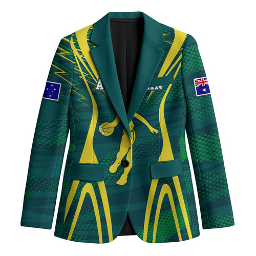 Australian Opals Basketball Blazer Iconic Green And Gold Silhouette With Sharp Abstract Graphics