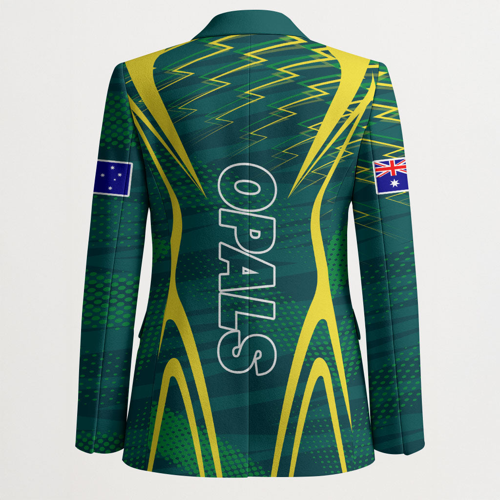 Australian Opals Basketball Blazer Iconic Green And Gold Silhouette With Sharp Abstract Graphics