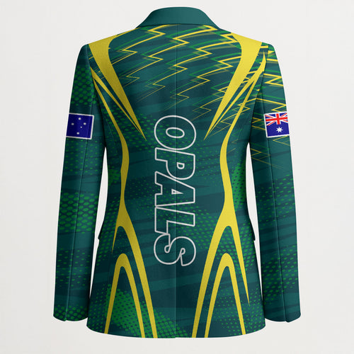 Australian Opals Basketball Blazer Iconic Green And Gold Silhouette With Sharp Abstract Graphics