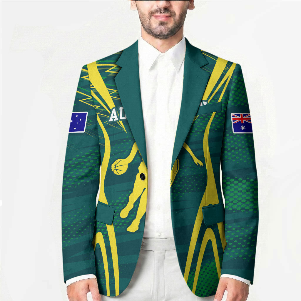 Australian Opals Basketball Blazer Iconic Green And Gold Silhouette With Sharp Abstract Graphics