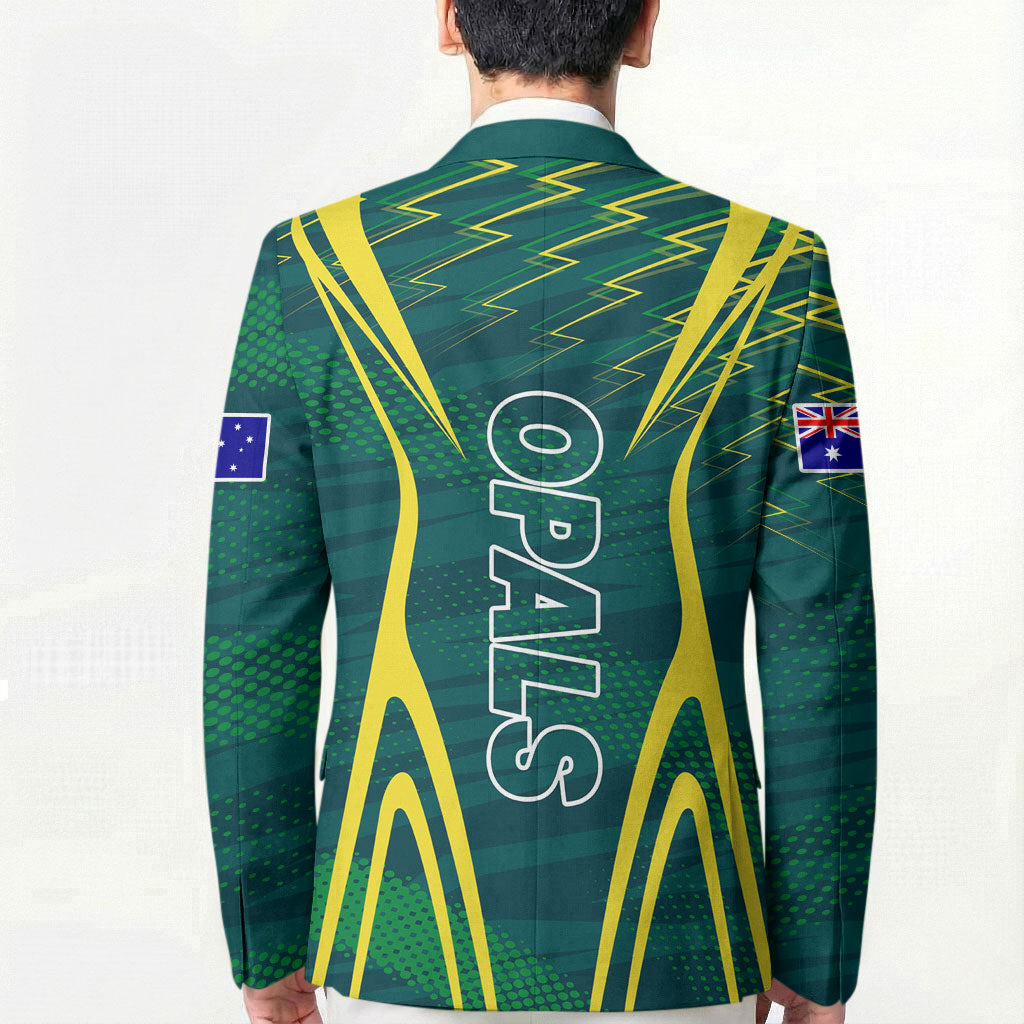 Australian Opals Basketball Blazer Iconic Green And Gold Silhouette With Sharp Abstract Graphics
